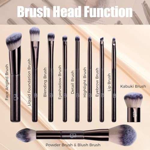 Travel Makeup Brush Set BS-MALL Ultra-Soft Synthetic Bristles Eyeshadow Brush, Foundation Brush for Liquid Makeup, Double-ended Travel Bag & Triangle Puff - Travel-friendly Multi-purpose Kit 10 Pcs