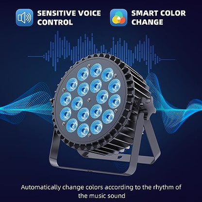 18LED Stage Lights RGBWA+UV 6in1 Par Can Lighting with DMX Control Sound Activated Uplights for Events Church DJ Show Wedding Stage Performances Party (1 Pack)