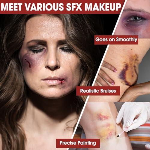 6 Colors Halloween Face Body Paint + 6pc Sponge + 3pc Brush, Yellow Purple Red Green Bruise Wheel for SFX Makeup, Face-Paint Body Paint Halloween Makeup Kit for Zombie Clown Joker Alien Witch Costume - color: Set 03