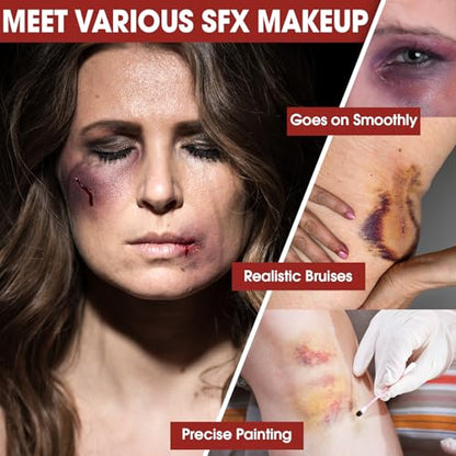 6 Colors Halloween Face Body Paint + 6pc Sponge + 3pc Brush, Yellow Purple Red Green Bruise Wheel for SFX Makeup, Face-Paint Body Paint Halloween Makeup Kit for Zombie Clown Joker Alien Witch Costume - color: Set 03