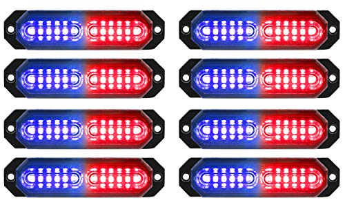 ASPL 8pcs Sync Feature Ultra Slim 12-LED Surface Mount Flashing Strobe Lights for Truck Car Vehicle LED Mini Grille Light Head Emergency Beacon Hazard Warning Lights (Red/Blue) - color: Red/Blue, size: 4.41L x 0.44W x 1.14H Inch