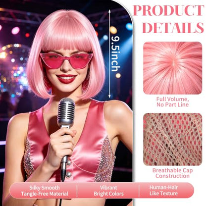 Short Bob Straight Hair Wigs with Bangs, Synthetic Fiber Colorful Hair, Cat Eye Glasses for Women (Pink) - color: Pink