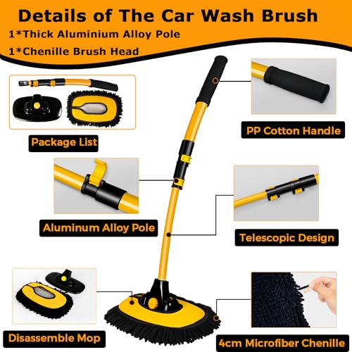 WillingHeart 15° Curved Car Wash Brush with Long Handle 43" Extension Pole RV Truck Microfiber Cleaning Mop Auto SUV Wheel Boat Exterior Interior Detailing 2 in 1 Carwash Duster Not Hurt Paint, Yellow - color: Yellow
