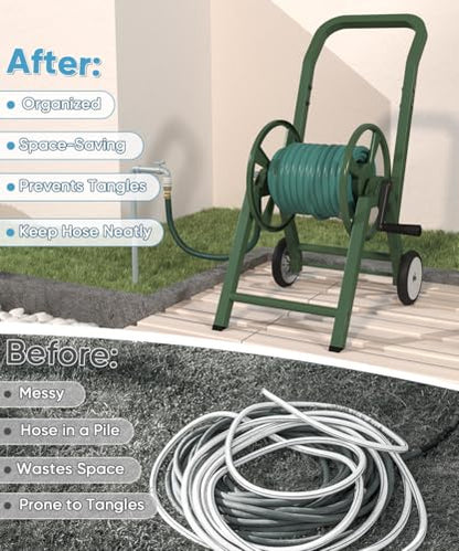 Garden Hose Reel Cart with Wheels, Holds 165 ft of 5/8’’ Hose Outdoor Heavy Duty Powder-coated Steel Water Storage Holder Rack with 3.9 Ft Leader Hose for Outside Lawn Yard, Green