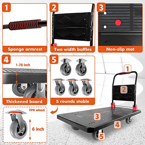 Foldable Platform Truck, 1600 LBS Push Cart with Five 6'' Wheels, 43" x 25" | Sturdy heavy duty moving dolly, flatbed hand cart with five 360° swivel 6" wheels for warehouse, garage and grocery transport - color: 1600lbs