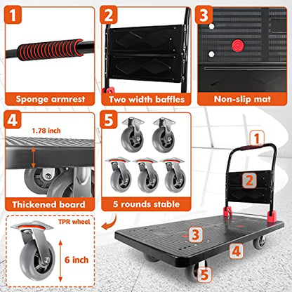Foldable Platform Truck, 1600 LBS Push Cart with Five 6'' Wheels, 43" x 25" | Sturdy heavy duty moving dolly, flatbed hand cart with five 360° swivel 6" wheels for warehouse, garage and grocery transport - color: 1600lbs