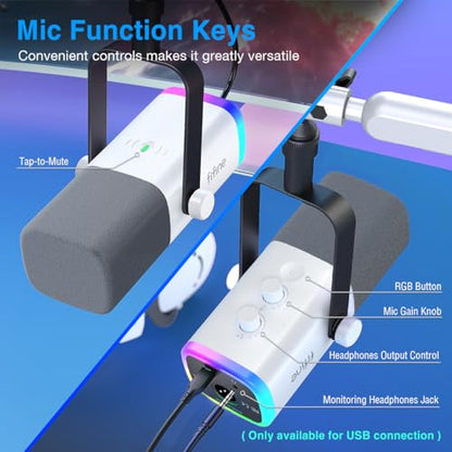 FIFINE Gaming XLR/USB Microphone and Mic Stand Bundle,RGB Dynamic Mic with Mute Button,Volume Control, Low Profile Boom Arm Kit with Cable Management for Recording Video Creation (AM8W+BM88W)
