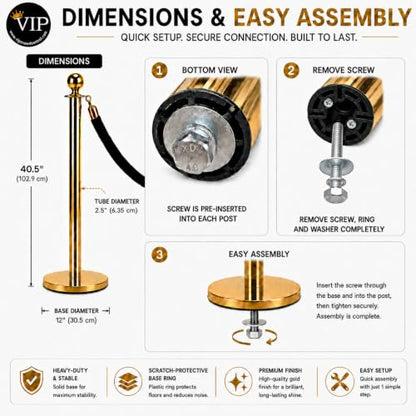Gold Crown Top Decorative Rope Safety Queue Stanchion Barrier in 3 pcs Set, VIP Crowd Control (72" Pearl White Braided) - color: 72" Pearl White Braided