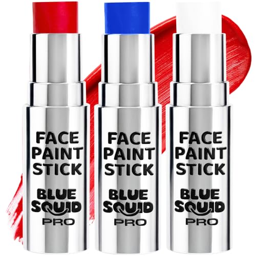 Blue Squid PRO Red White Blue Face Paint Stick - Waterproof Body Paint For Adults & Kids Eye Black Baseball, Eyeblack Softball - Hypoallergenic Twist-Up Non-Toxic Makeup Stick - Cosplay, Sports & SFX - color: Red, White & Blue