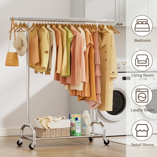 Heavy Duty Rolling Clothing Rack, 420 lbs Capacity Metal Clothes Rack with Wheels, 65" Tall Freestanding Hanging Rack for Bedroom, Laundry Room, Retail Display, Chrome - color: Chrome