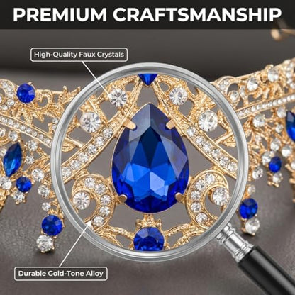 Tiaras Crowns for Women,Wedding Jewelry Set, Tiaras Necklace Earrings Crystal Bridal Wedding Jewelry Sets for Brides Bridesmaid Prom Costume Accessories - color: Gold Blue