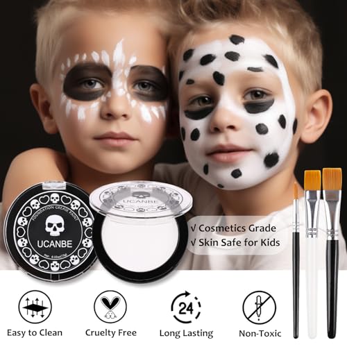 UCANBE Black White Face Body Paint with Painting Brush Kit, Cream-to-Powder Goth White Foundation + Black Greasepaint for Kids & Adult Halloween, SFX Makeup Set for Clown Skull Mime Cosplay & Costume - color: Black, White