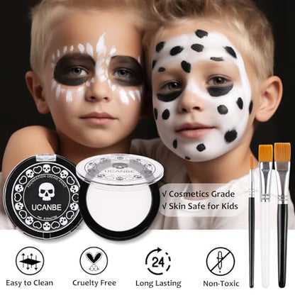 UCANBE Black White Face Body Paint with Painting Brush Kit, Cream-to-Powder Goth White Foundation + Black Greasepaint for Kids & Adult Halloween, SFX Makeup Set for Clown Skull Mime Cosplay & Costume - color: Black, White