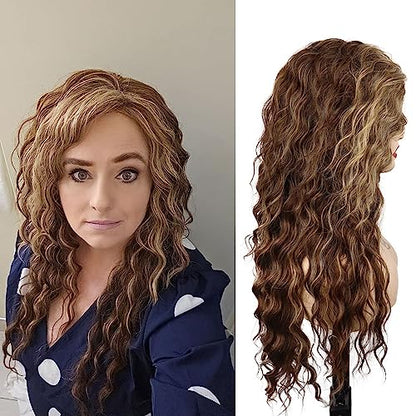 Trendy 80s Long Wavy Wigs for Women Brown Mixed Blonde Wig Ombre Color - color: Mix Brown