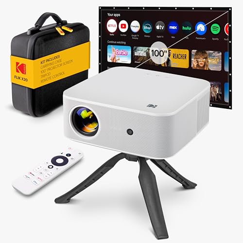 KODAK FLIK X20 Full HD Smart Projector Kit, 100-Inch Screen, White - color: White