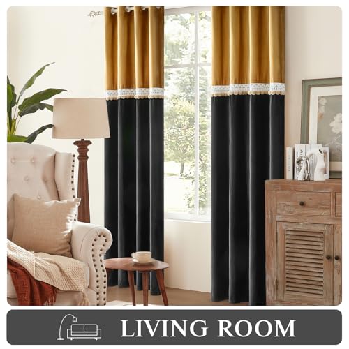 GIGIZAZA Velvet Pom Curtains 108 Inch for Living Room 2 Panels Gold Black - color: Pom Pom/Gold+black, size: 52"W x 108"L (Pack of 2)