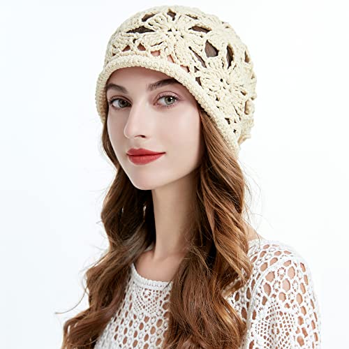 ZLYC Women Cotton Crochet Slouchy Beanie Hat Handmade Knit Summer Skull Cap | Lightweight breathable,boho casual chic look,travel photos festival party,café commute daily wear,beach concert gathering - color: Crochet Beige