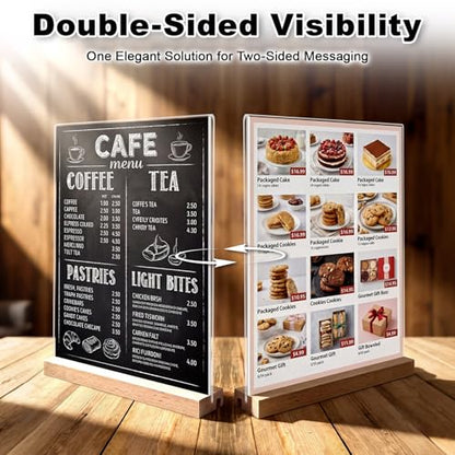 Daletu Acrylic Sign Holder 5x7 with Wood Base | 3 Packs Acrylic Tabletop Display Stand, 2 in 1 Vertical or Slant Clear Plastic Sign Frame Holder for Flyer, Menu, Retail, Buffet, Vendor, Wedding, Party - size: 3PCS (5"x7"