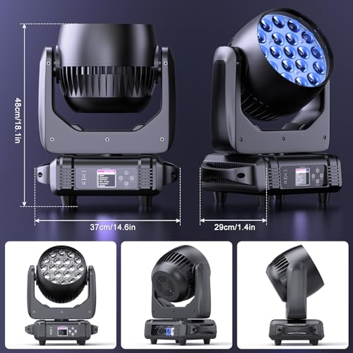 Moving Head Lights 19x15W RGBW 4-in-1 LED Stage Light with Zoom Beam Wash Effect by Sound Activated Auto DMX Control for Wedding DJ Disco Parties Nightclub Show Bar (4 Packs)