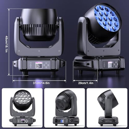 Moving Head Lights 19x15W RGBW 4-in-1 LED Stage Light with Zoom Beam Wash Effect by Sound Activated Auto DMX Control for Wedding DJ Disco Parties Nightclub Show Bar (4 Packs)