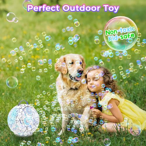 Weilim Spherical LED Bubble Machine for Kids, 45°/360° Rechargeable Blower | 4000+ Bubbles/Min Output, 5-Hour Play, ABS Body, 2 Concentrates for Parties, Birthdays, Weddings and Outdoor Fun - color: Spherical Crackle White