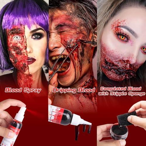 MEICOLY 4PCS Halloween Fake Blood Makeup Kit,Special Effects SFX Makeup Set for Zombie Vampire Monster Cosplay,2.1oz Fake Blood Spray+2.1oz Dripping Blood+1.06oz Coagulated Blood+Stipple Sponge - color: fake blood kit