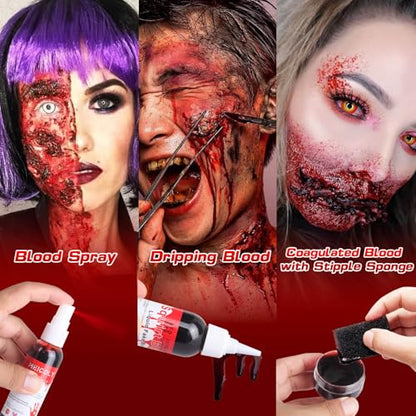 MEICOLY 4PCS Halloween Fake Blood Makeup Kit,Special Effects SFX Makeup Set for Zombie Vampire Monster Cosplay,2.1oz Fake Blood Spray+2.1oz Dripping Blood+1.06oz Coagulated Blood+Stipple Sponge - color: fake blood kit