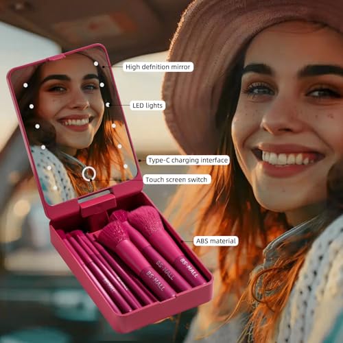 BS-MALL Travel Makeup Brush Set Foundation Powder Concealers Eye Shadows Makeup Set with LED light Mirror 14 Pcs (HotPink) - color: HotPink