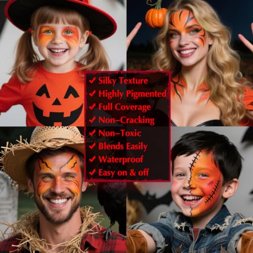 Black Red Orange Face & Body Paint - Blendable Facepaint Foundation with Sponge & Brush for Skin, Professional Halloween Face Make-up Kit for Scarecrow Tiger Devil Pumpkin Fox Lion Costume - color: 09 Pumpkin/Scarecrow