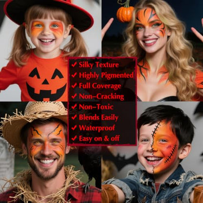 Black Red Orange Face & Body Paint - Blendable Facepaint Foundation with Sponge & Brush for Skin, Professional Halloween Face Make-up Kit for Scarecrow Tiger Devil Pumpkin Fox Lion Costume - color: 09 Pumpkin/Scarecrow