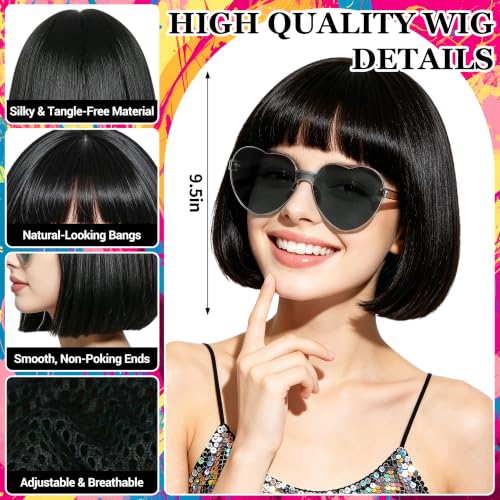 Short Bob Straight Hair Wigs with Bangs, Synthetic Fiber Colorful Hair, Heart-shaped Sunglasses for Women (Black) - color: Black