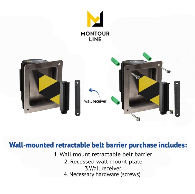 Montour Line WM115 Wall Mounted Retractable Belt Barrier with Standard Belt End, Recessed Mount, Black Casing (8.5 ft Dark Grey Belt) - color: Dark Grey, size: 8.5 ft