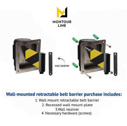 Montour Line WM115 Wall Mounted Retractable Belt Barrier with Standard Belt End, Recessed Mount, Black Casing (8.5 ft Black with "This LINE Closed" White Letters Belt) - color: Black With "This Line Closed" White Letters, size: 8.5 ft