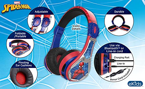 eKids Spiderman Wireless Bluetooth Portable Headphones with Microphone, Volume Reduced to Protect Hearing Rechargeable Battery, Adjustable Kids Headband for School Home or Travel | Volume Reduced and Built-in Microphone - color: Spiderman