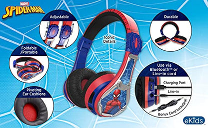 eKids Spiderman Wireless Bluetooth Portable Headphones with Microphone, Volume Reduced to Protect Hearing Rechargeable Battery, Adjustable Kids Headband for School Home or Travel | Volume Reduced and Built-in Microphone - color: Spiderman