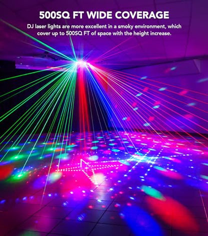 KeoBin DJ Lights for Parties, Pro 6 in 1 DMX & Sound Activated Laser Light Show Machine with Disco Ball Light, RGBW & UV Strobe Party Lights Indoor for Rave Club Dance Bar Gig DJ Lighting | Disco Ball Lights, Wide Laser Beams, RGBW+UV Strobes, DMX512, Rem