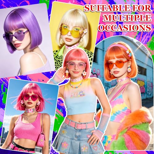 Short Bob Straight Hair Wigs with Bangs, Synthetic Fiber Colorful Hair, Heart-shaped Sunglasses for Women (Burgundy) - color: Burgundy