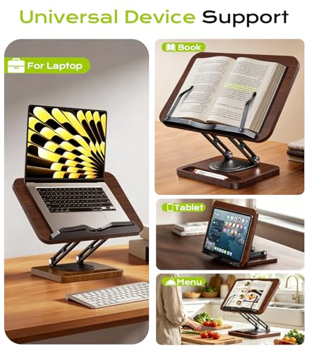 LOXP Book Stand with Storage, 360° Rotating Cookbook Stand, Ergonomic | Adjustable height angle,Hands-free, anti-slip base, Elastic Page Clips for Laptop Tablet, Foldable for Kitchen School