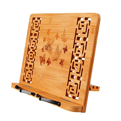 MEGREZ Foldable Bamboo Book Stand Adjustable Cookbook Reading Holder | anti-slip, lightweight, foldable flat storage, textbook tablet laptop, home office, 13.2x9.4in - color: Butterflies