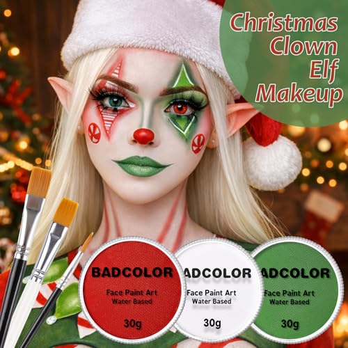 Green White Red Face Body Paint Set, Mexico Flag Face Painting Kit with Painting Brushes for Halloween, Water Based Face Paints for Xmas Elf, Grinch, Orcs, Day of the Dead Skull & Monster SFX Make-Up - color: Green+White+Red+3Pcs Brushes