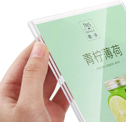 Acrylic Sign Holder (Vertical A4 210×297mm/8.27×11.69 inches | A4/A5/A6 Menu Displays, Double Sided Wood Base Table Top Sign Stand