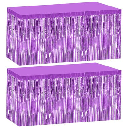 2 Pack 29.5x108 Inch Purple Foil Tinsel Fringe Table Skirts, Disposable Table Skirts for Rectangle Tables Curtains Backdrop Parade Wedding Floats Baby Shower Birthday Mardi Gras Party - color: Purple