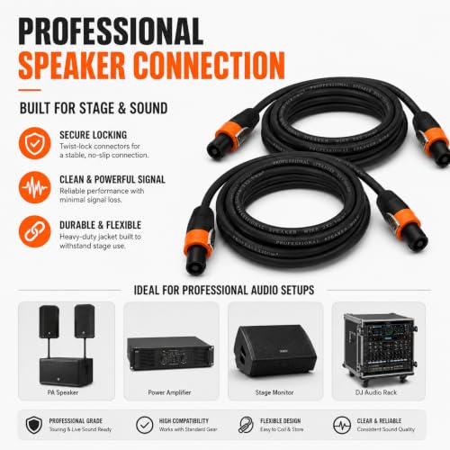 Speakon Cable 6ft 2 Pack — 12AWG OFC NL4FC Twist-Lock Speaker Wire for PA System, DJ Booth, Stage Monitor, Subwoofer, Bass Cabinet, Church & Touring Production