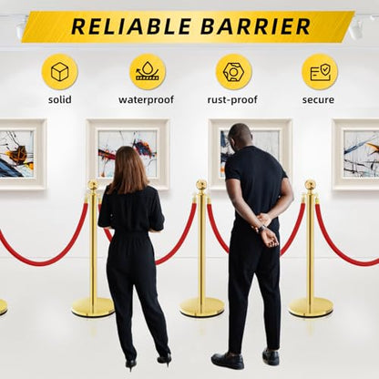 Gold Stainless Steel Stanchions Rope - Crowd Control Barriers with Red Carpet Safety Barrier, Velvet Ropes and Posts & Retractable Belts for Party Theater Weddings, Museums - 8 Pcs - color: Gold, size: 8Pcs