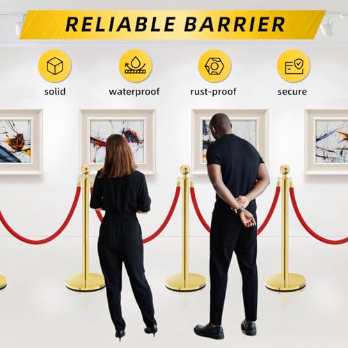 Gold Stainless Steel Stanchions Rope - Crowd Control Barriers with Red Carpet Safety Barrier, Velvet Ropes and Posts & Retractable Belts for Party Theater Weddings, Museums - 6 Pcs - color: Gold, size: 6Pcs