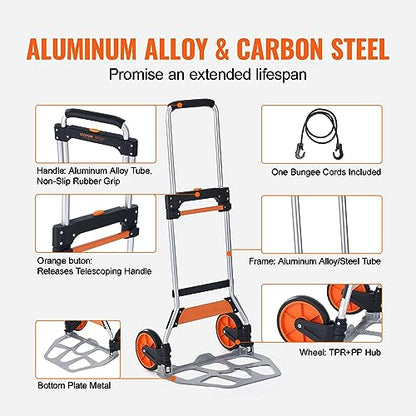 VEVOR Folding Hand Truck and Dolly, 275 Lbs Capacity, Aluminum Foldable Cart, Heavy-Duty Luggage Trolley Cart with Telescoping Handle and PP+TPR Wheels for Home, Office, Shopping, Travel - size: 275 lbs