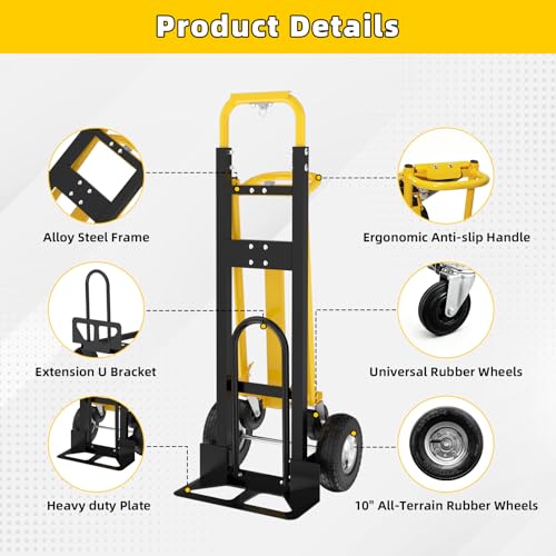 4 in 1 Convertible Hand Truck Dolly, 1000Lbs Capacity, Heavy Duty Folding Hand Truck Dolly Cart with Wheels 10" All-Terrain Tires, Hand Trucks for Logistics, Home, Office, School, Yellow - color: Yellow
