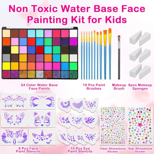 Professional Face Painting Kit for Kids and Adults – 54 Color Water Activated Cosplay Makeup Kit, Non-Toxic Body Paint with Stencils, Gems, Brushes– for Halloween FX, Bday Parties, School Event