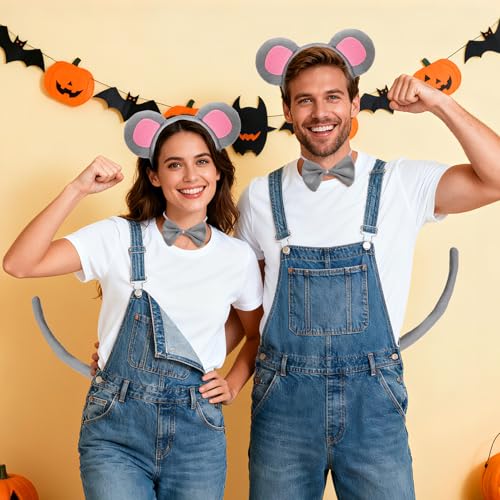 3Pcs Mouse Ears Headband Costume Accessories Set, Grey Rat Ears Headband, Bow Tie and Rat Tail Animal Fancy Dress for Women Men Halloween Christmas Cosplay Party Supplies
