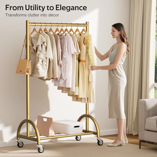 MISSLO Heavy Duty Clothing Rack with Wheels Rolling Clothes Racks for Hanging Clothes, Coats, Garment, Dress, Gold, 30" W - color: Gold, size: 30"W x 14.8"D x 66"H (Small)